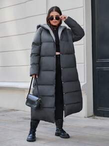 RueChic Plus Button Up Long Sleeves Hooded Padded Coat - Light Grey - View 5