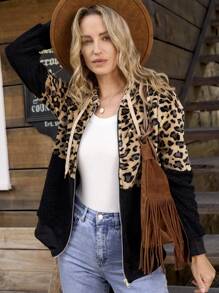 LanaWest 复古豹纹抓绒拉链连帽长袖休闲卫衣，女士款，适合毕业、教师节、返校季等场合，秋季套头衫。 - 彩色 - 查看 1