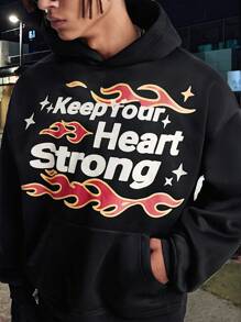 Manfinity VCAY Men's Letter Print Loose Knit Long Sleeve Hoodie Set, For Fall Winter - Black - View 1