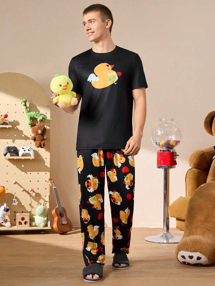 Happy Jammies Men's Black Homewear Small Yellow Duck & Heart Pattern T-Shirt And Pants Set - Black - View 1