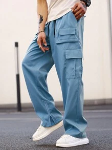 Claim Dot Loose Fit Men's Solid Color Slant Pocket Cargo Pants - Baby Blue - View 4
