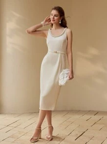 MOTF PREMIUM VESTIDO DE TIRANTES CON DETALLE DE PERLAS FALSAS Y BAJO DIVIDIDO