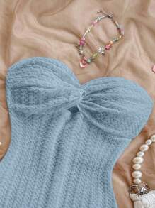 Soleia Women's Solid Color Twist Front Bandeau Casual Romper For Vacation - Baby Blue - View 3