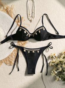 SHEIN Swim 2pcs Vintage Bikini Set, Black Textured Fabric With Shell Tape Decor Steel Rings Side Tie Tankini For Summer Beach Vacation - Black - View 1