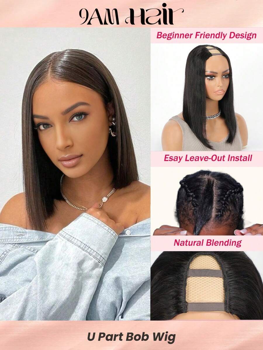 Straight Hair U-Part Wig 100% Real Remy Natural Black Color Short Short Human Hair Machine Made Bob Wig Beginner Friendly Natural Invisible Edge For Woman - SNatural - View 1