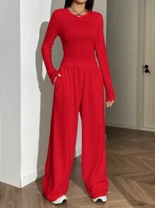 SHEIN EZwear 2 Stück Damen Set aus einfarbigem Crew-Neck Langarm Oberteil und Hose, figurbetonter Schnitt