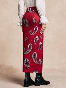 Chiquease 女士优雅系腰佩斯利印花侧开衩下摆半身裙 - 紅色 - 查看 3