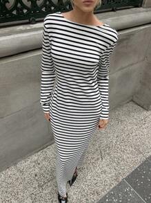 SHEIN Cottnline Đầm dài tay hở lưng co giãn cao xẻ tà thường ngày mặc nhà cho nữ - trắng - Xem 5
