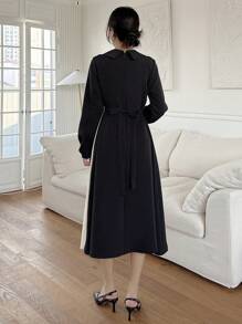 DAZY Contrast Color Pleated Panel Midi Dress For Women Shirt Dress,Fall Dress Long Sleeve Dress - Black - View 2