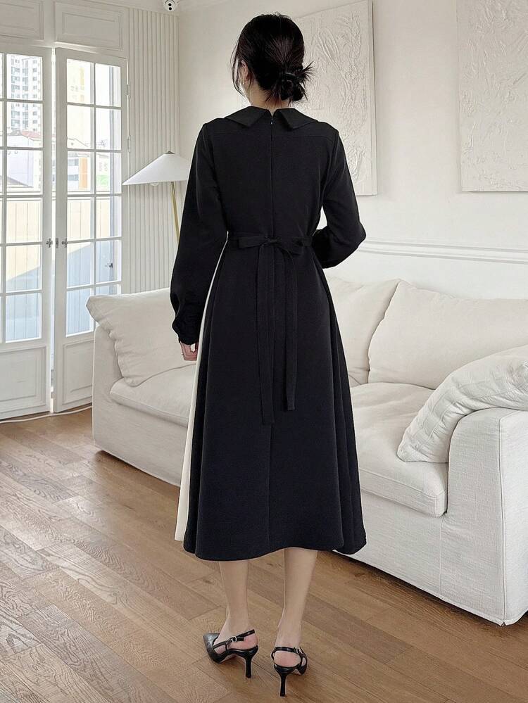 Contrast Color Pleated Panel Midi Dress For Women Shirt Dress,Fall Dress Long Sleeve Dress