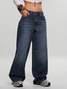 EURMUSE Low Waist Frayed Pocket Wideleg Jean - Medium Wash - View 1