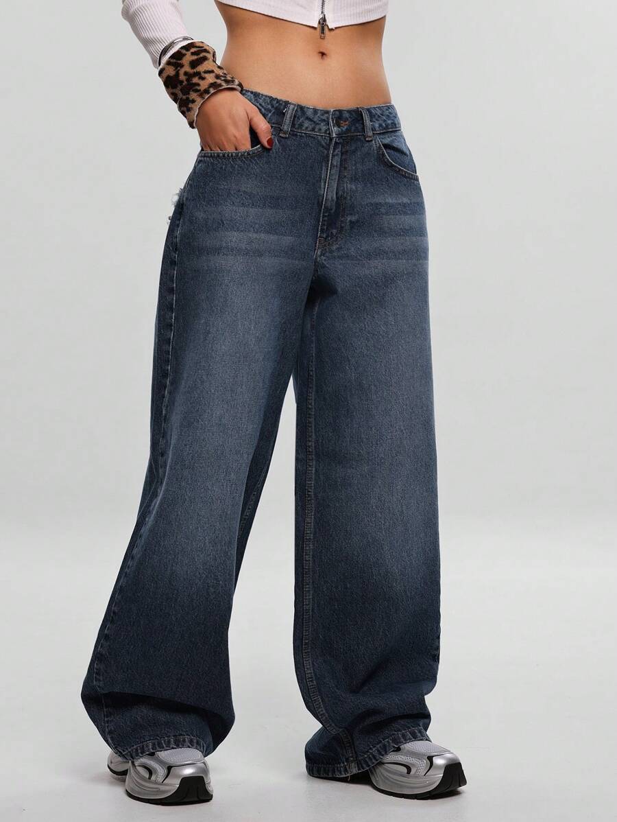 EURMUSE Low Waist Frayed Pocket Wideleg Jean - Medium Wash - View 1