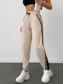 Cottnline 95% Cotton Contrast Tape Drawstring Waist Slant Pocket Sweatpants - Beige - View 3