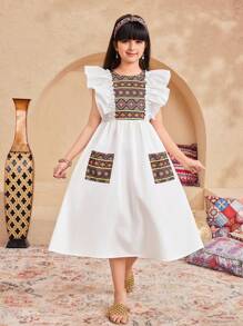 SHEIN Leap Crew Tween 女童方领拼布荷叶边下摆印花连衣裙 - 白色 - 查看 5