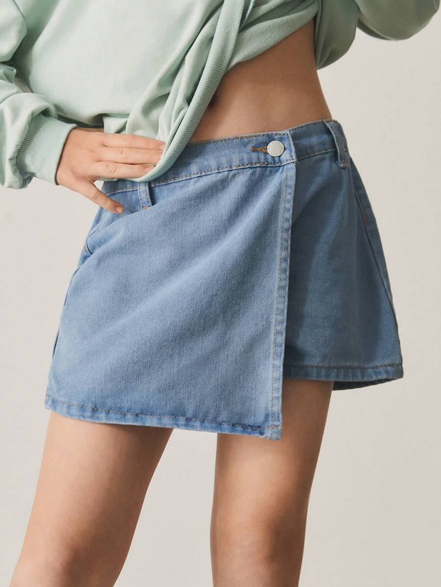 SHEIN Tween Girls' Y2k Spring Summer Boho Button-Front Wrap Skirted Denim Pants Jeans Shorts - Light Wash - View 1