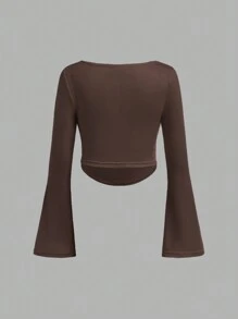 SHEIN Girlism Koszulka dla dziewcząt w stylu tween, dopasowana, swobodna, z okrągłym dekoltem, marszczonymi, rozszerzanymi rękawami i długim rękawem