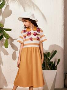 SHEIN Tween-Mädchen 1 Stück Einteiliges Kleid im City-Freizeit-Stil mit Polokragen, kurzen Ärmeln und Rosenstreifenmuster. Dieses Kleid eignet sich für verschiedene Anlässe wie Stadtausflüge, Feiertagstreffen und die Schule. - Verschiedenfarbig - Übersicht 4