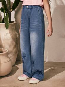 SHEIN 1 件式女童大童牛仔裤，都市休闲风格，女童蓝色牛仔长裤，舒适百搭，适合春、夏、秋季。这些女童牛仔裤适合各种场合，如城市户外活动、运动、居家休闲、学校和聚会。