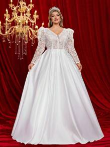 Vestido de novia de talla grande con mangas abullonadas, empañuelado de encaje y satén, y detalle de lazo en la espalda para tallas grandes - Blanco - Ver 4