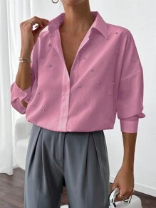 RueChic Women's Stylish Rhinestone Embellished Drop Shoulder Shirt - Pink - View 1