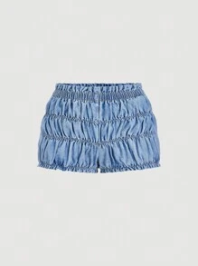 SHEIN MOD Short en jean bleu décontracté taille basse ultra court pour femmes