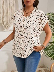 EMERY ROSE 大码荷叶边全印花休闲短袖衬衫、女士度假装、夏装 - 彩色 - 查看 3