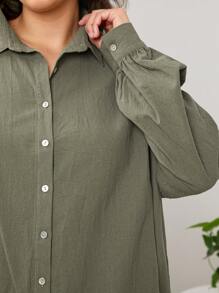 SHEIN LUNE Plus Size Solid Color Button Up Long Sleeve Top And Pants 2 Pieces Set, Casual - Green - View 5