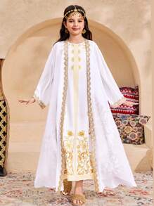 SHEIN Leap Crew Tween Girl Loose Elegant Sleeveless Round Neck Retro Print Chiffon Dress & Traditional Long Robe Two-Piece Set, Spring/Summer - Pink - View 1