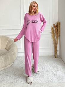 EURMUSE Plus 100%Cotton Letter Graphic Ribbed Knit Lounge Set - Pink - View 6