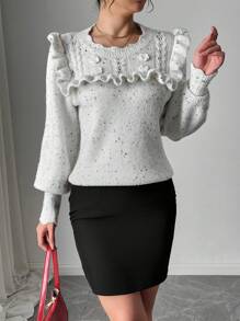 Chiquease pull tricoté floral texturé avec fleurs 3D faites à la main en mélange de fils romantiques de style jeune. Nouveau design européen et américain. Automne/Hiver
