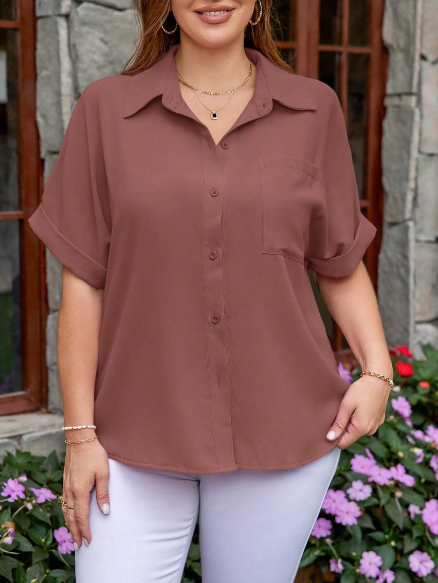 SHEIN LUNE Plus Size Plain Front Button Short Sleeve Pocket Casual Shirt - Redwood - View 1