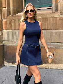 SHEIN Forever 21 Women's Round Neck Sleeveless Waist Eyelet Button Casual Denim Dress