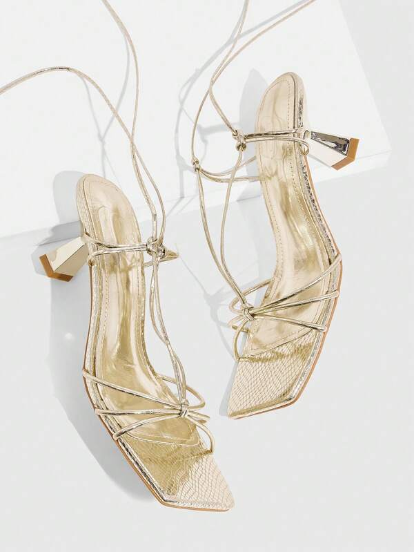 CUCCOO SZL Sexy Fashion Party Gold Snake Skin Pointed Toe High Heels Sandals With Rhinestones Straps For Women, Summer