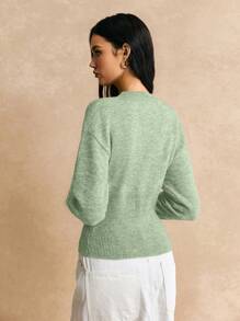 Poéselle 短款修身前扣纯色长袖简约休闲针织开衫、毛衣、短款女式毛衣、女式毛衣、针织毛衣、冬季女装、秋季女装 - 薄荷綠 - 查看 4