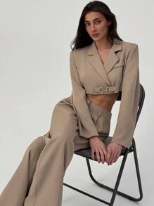 Aloruh Women Plain Color Notched Collar Long Sleeve Cropped Jacket And Pants Suit Set - Khaki - View 3