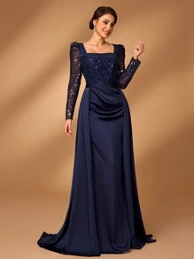 Serin Elegant Luxurious Pearl Sequin Patchwork Satin See-Through Long Sleeve Mermaid Formal Dress With Extra Flared And Ruched Hem, Suitable For Wedding, Party, Prom, Holiday, Gala, Mother Of The Bride Dress (Heavily Embellished) - Navy Blue - View 6