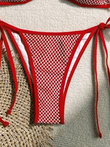 SHEIN Swim Frühlingspause Sommer Strand U-Ausschnitt Crop Top & seitlich gebundener Bikini Unterteil 2 Teile Badeanzug Set, Rot & Weiß