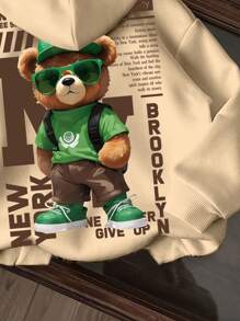 SHEIN Tween Boy Casual Minimalist Cartoon Bear & NY Print Long Sleeve Hoodie Sweatshirt