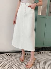 DAZY 纯色开衩口袋女士直筒长款休闲牛仔裙 - 白色 - 查看 5