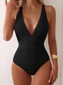 Swim Basics Summer Women's Solid Color Sleeveless V-Neck Slim Fit One Piece Swimsuit