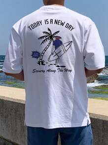DAZY White Summer Beach & Surf Print Casual T-Shirt For Men,Graphic Tees