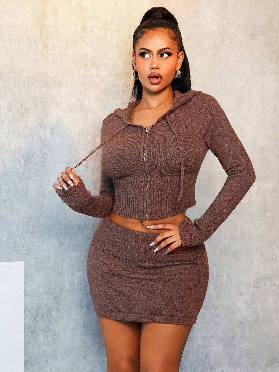 BamGleam Cardigan Hooded Knit Top + Mini Skirt Set - Rust Brown - View 1