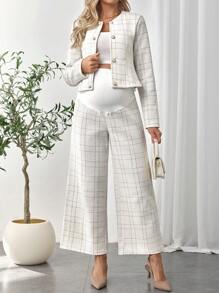 SHEIN 2pcs Maternity Plaid Long Sleeve Single-Breasted Jacket & Adjustable Waist Pants Casual Outfit
