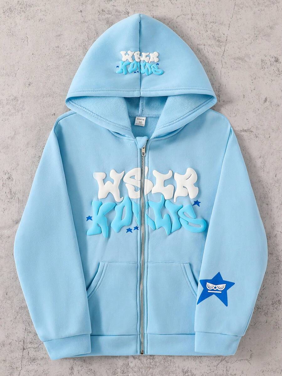 Sparklyn Tween Girl Street-Style Hooded Zipper Sweatshirt, Thermal Lined Hoodie For Fall/Winter - Baby Blue - View 1