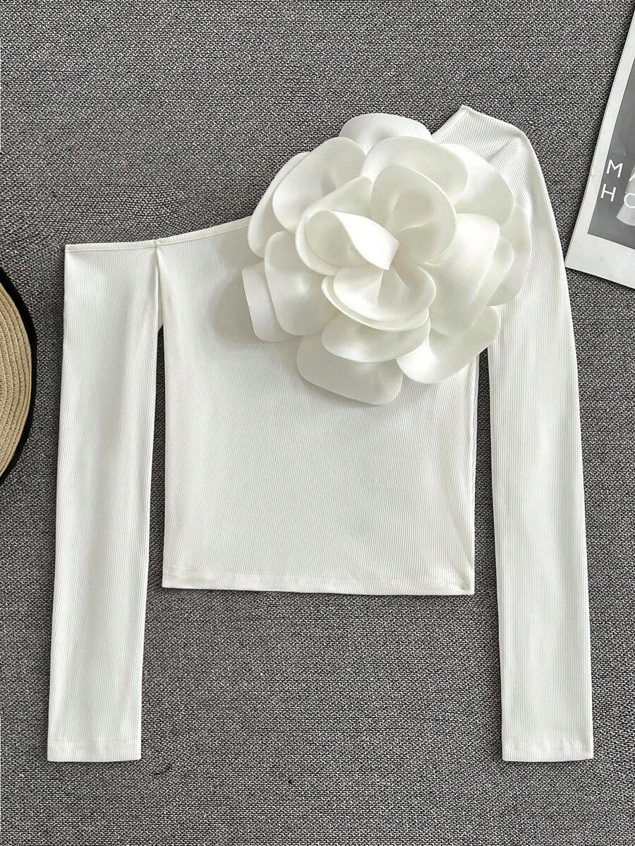 SHEIN EZwear Women's Solid Color Fashion 3D Flower Decor Asymmetric Shoulder T-Shirt - White - View 1