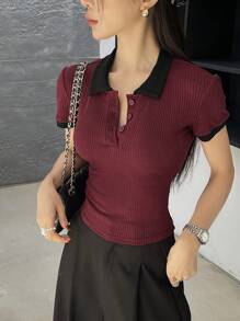 DAZY 女士撞色领半拉链短袖休闲罗纹 T 恤 - 酒紅色 - 查看 6