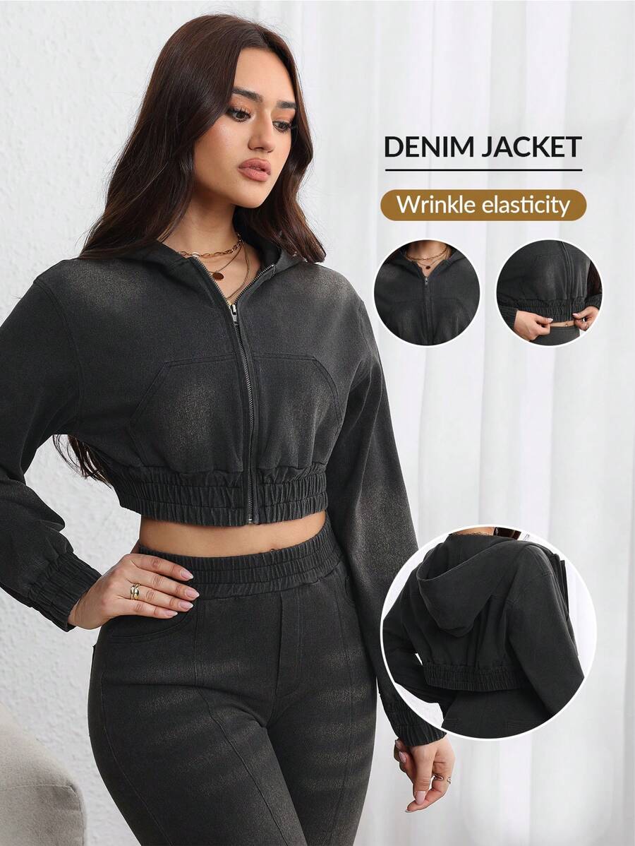 SHEIN LUNE Women's Long Sleeve Zip Up Hooded Cropped Casual Jacket - Black - View 1