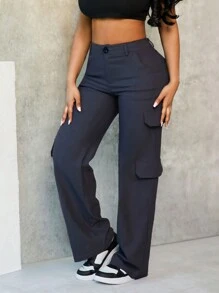 BamGleam Pantalones casuales anchos y sueltos de mujer con diseño de bolsillo de unicolor