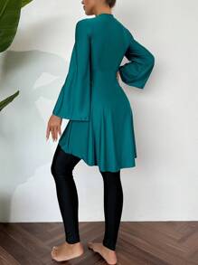 Swim Mulvari Summer Swim 2pcs Mulvari Women's Burkini Swimwear, Chicsea Loose Flare Sleeve Zip Oblique Hem With Black Long Pants Swimwear SetArabic Clothing - Multicolor - View 2