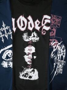 ROMWE MEN Goth 男士深色哥特式拼布 T 恤，休闲日常穿着，春夏季，万圣节 - 彩色 - 查看 3